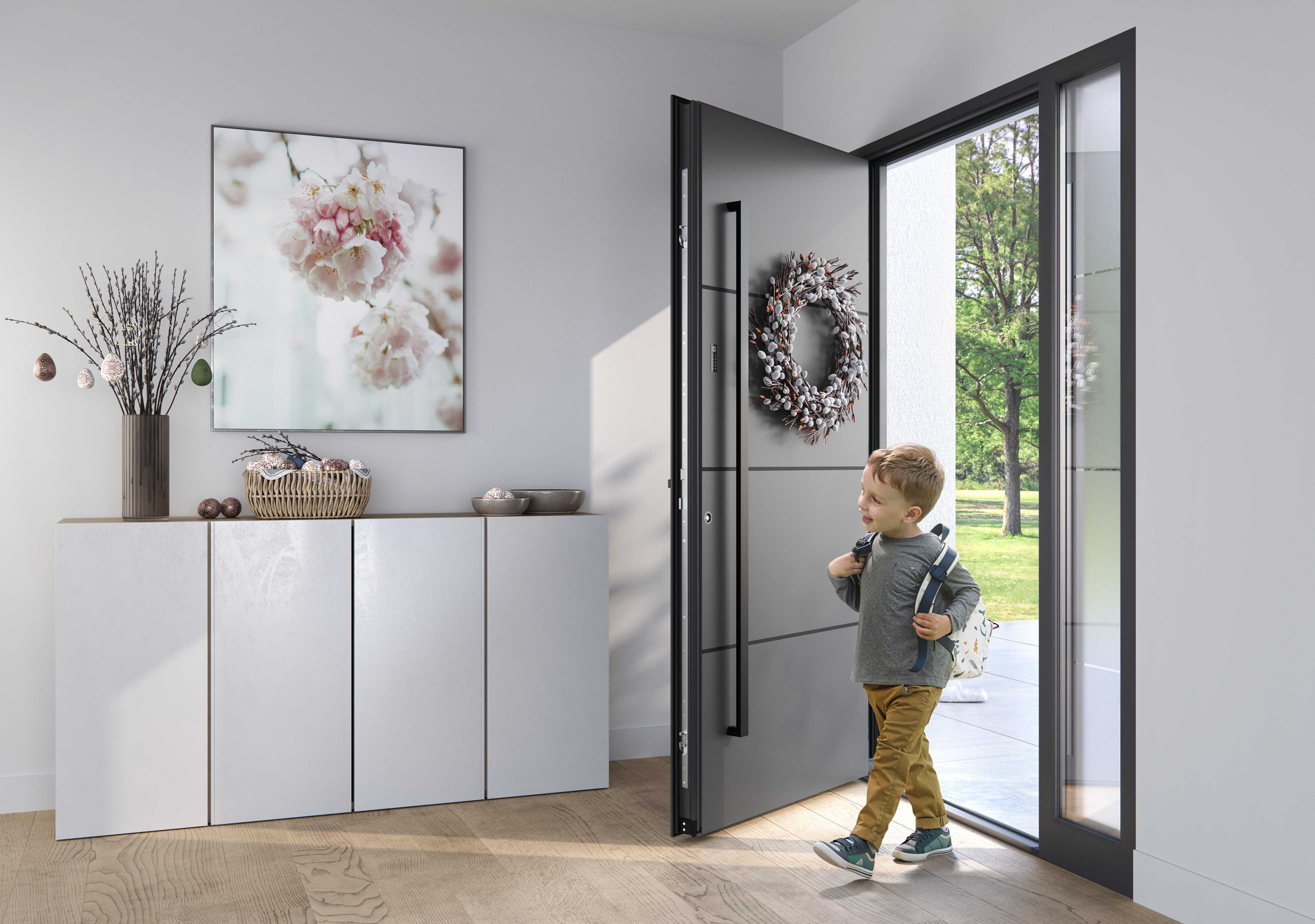 Haustür mit modernem Holz- und Alu-Design